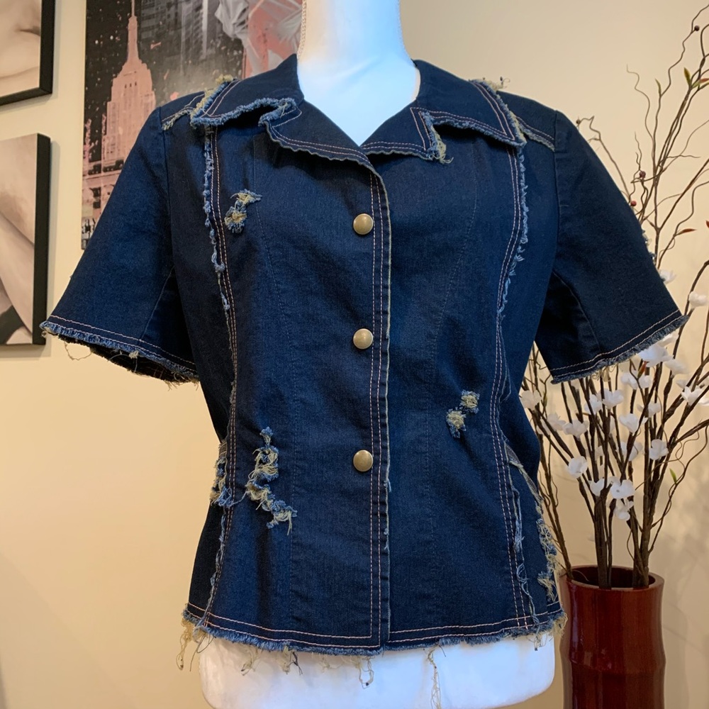 Linda Lundstrom distressed denim blazer - EUC